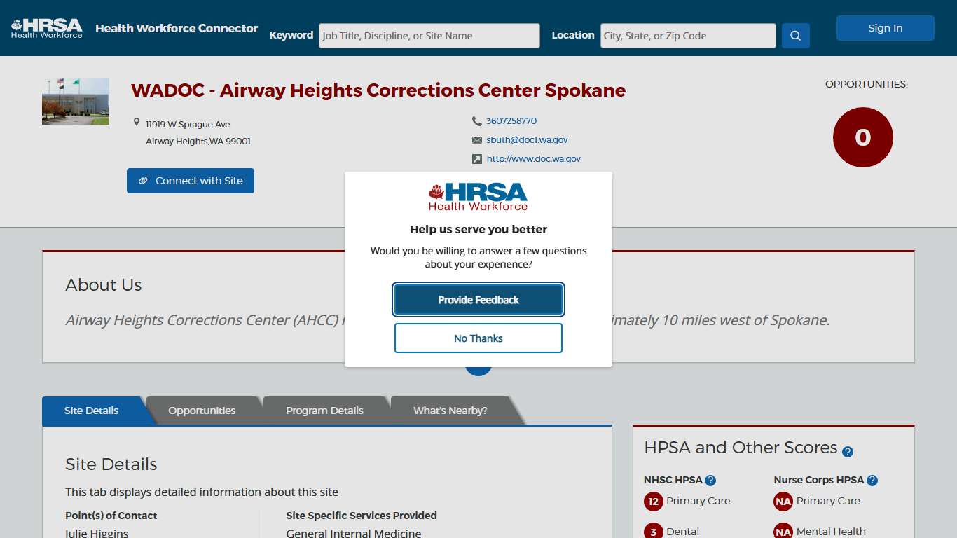 Health Workforce Connector - Site Profile Page